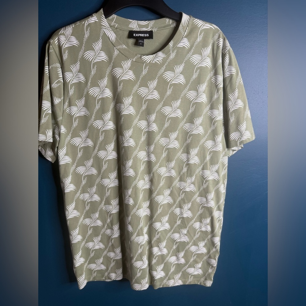 Express Green and White Short Sleeve Tee with Butterfly Pattern